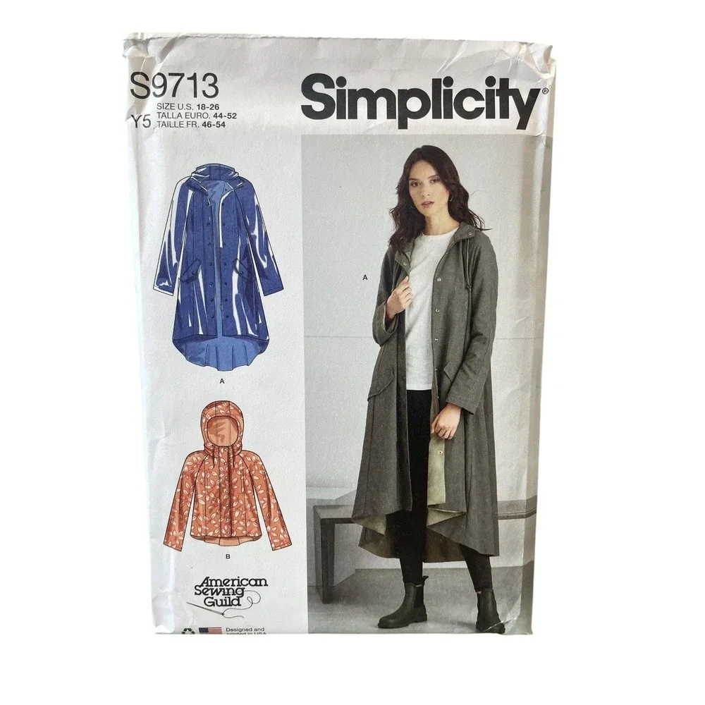 Simplicity S9713 Misses' Jacket US 18-26 Hooded Raincoat Anorak