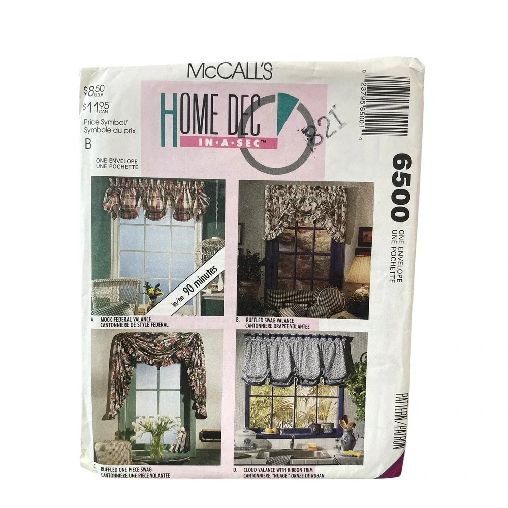 McCall's 6500 Home Dec Window Valance Swag Pattern 1993 Window Width 25-100