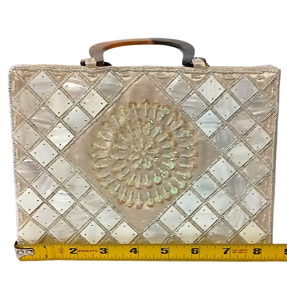 Mod by Design Mother of Pearl Mosaic Bag   Beaded Satin Lucite‎ Handles MCM Vtg