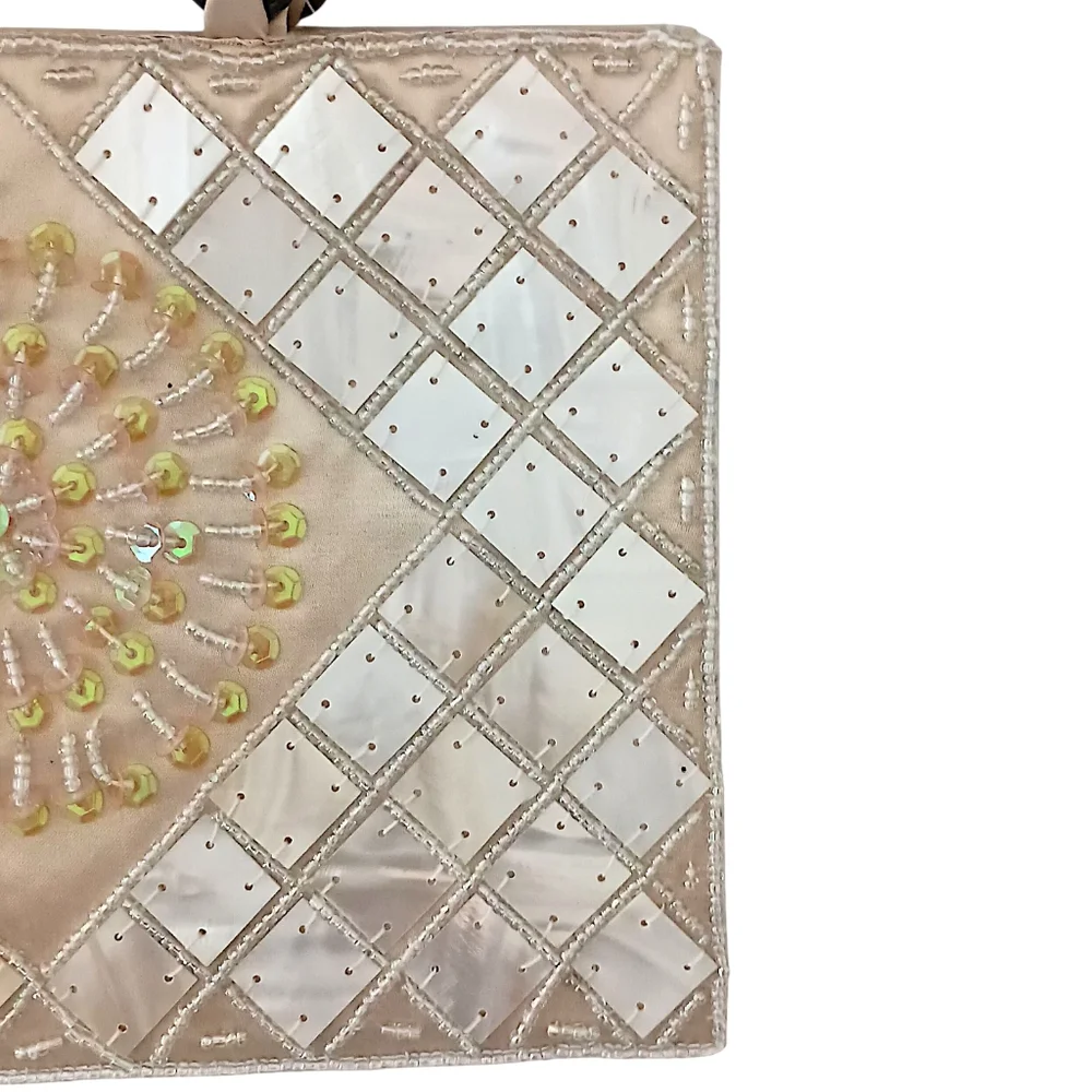 Mod by Design Mother of Pearl Mosaic Bag   Beaded Satin Lucite‎ Handles MCM Vtg