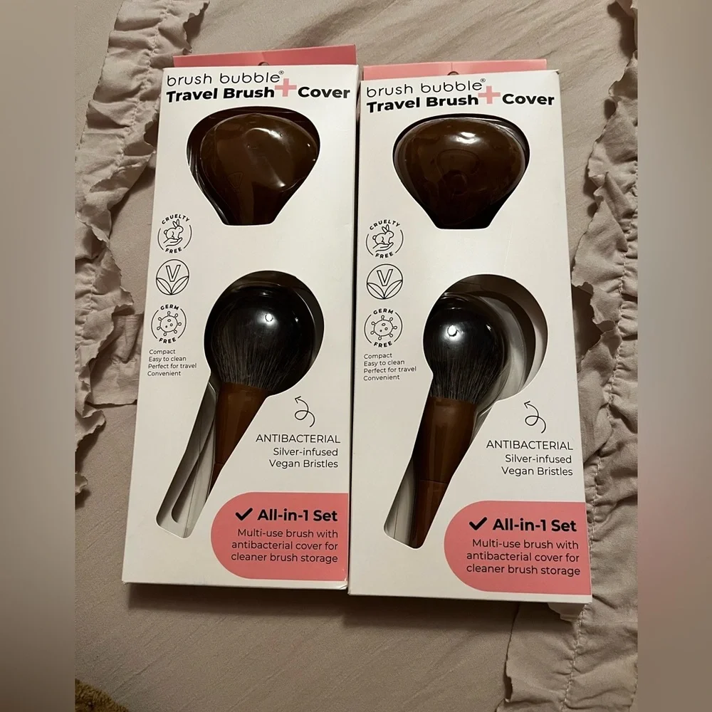 Brush Bubble Travel Brush + Cover - Brown, set of 2, Vegan Bristles NWT