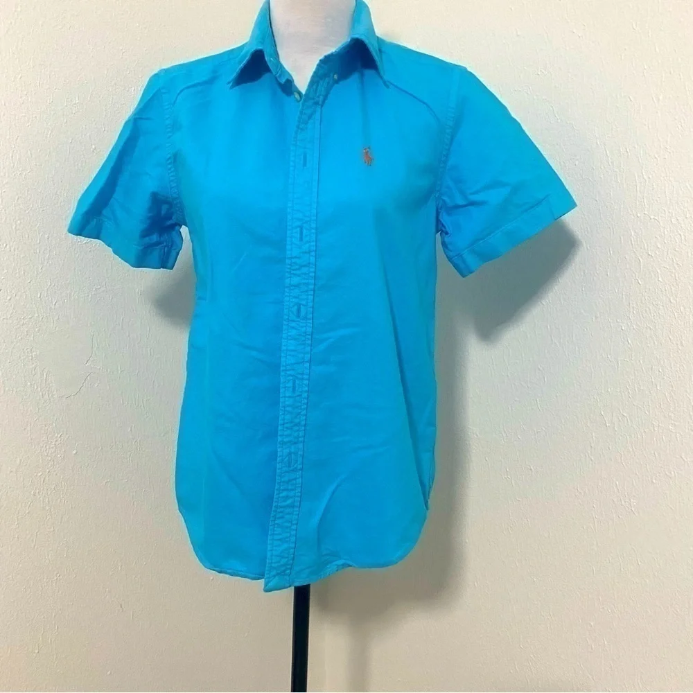 Ralph Lauren Boy Short Sleeve Turquoise Orange Pony Button Down Sz Large (14-16)