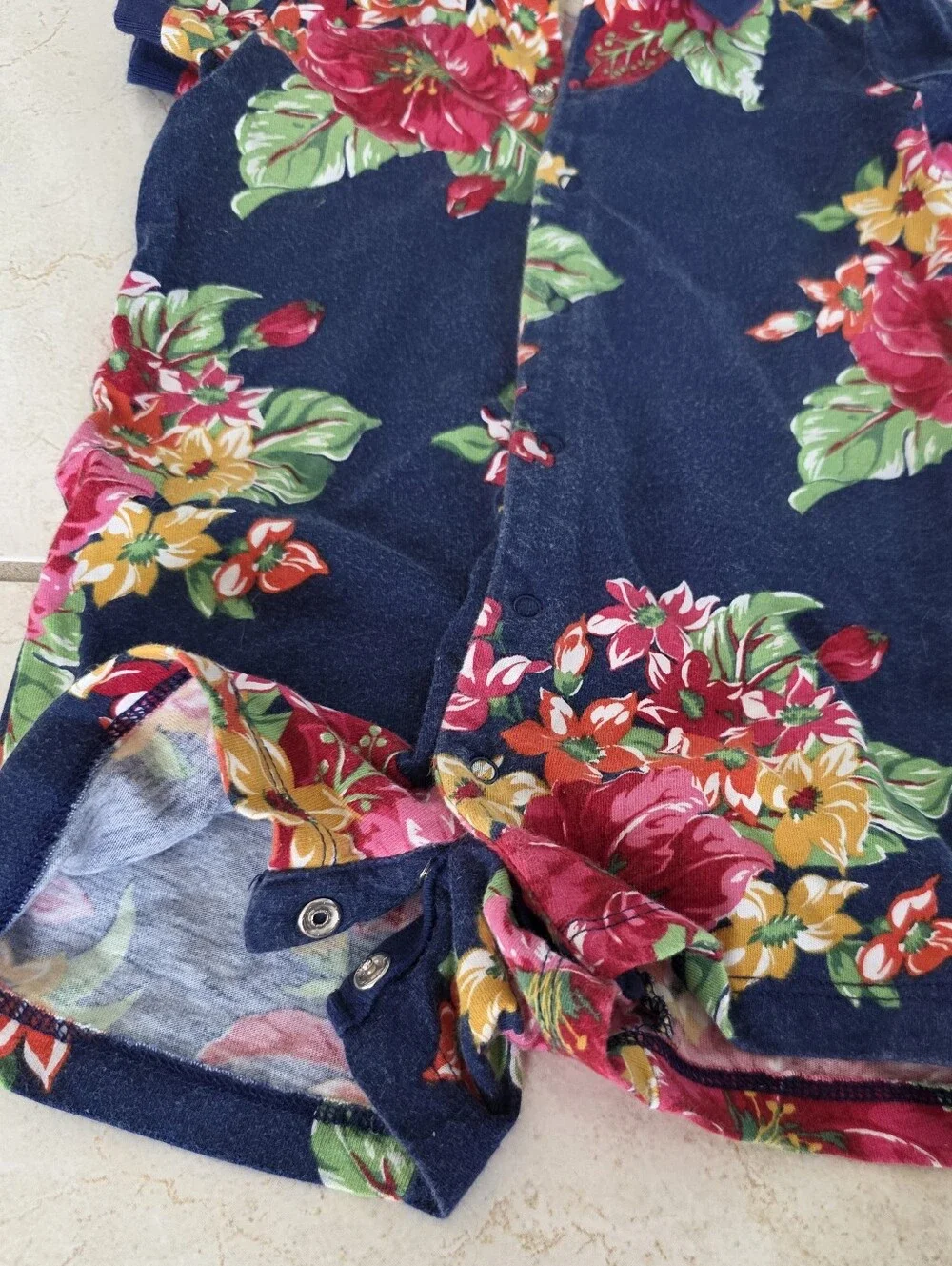 Ralph Lauren Navy Floral Polo Romper with Red & Green Bouquet