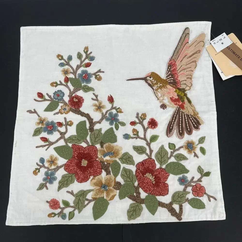 Hummingbird floral embroidered throw pillow case