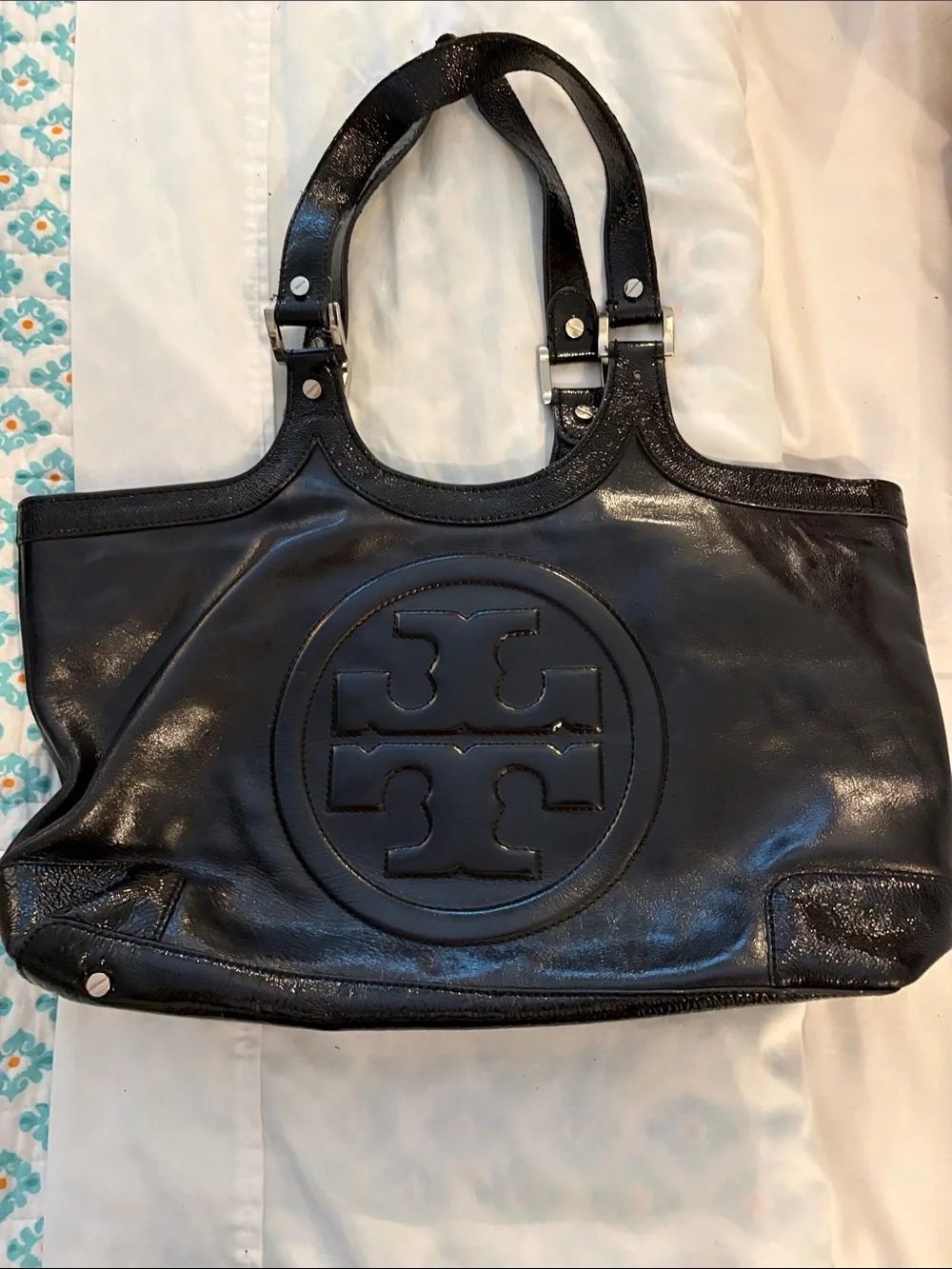 Tory Burch Black Patent Leather Logo Tote
