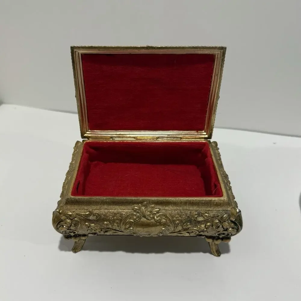 Vintage Brass Floral Inlay Trinket Jewelry Box With Red Velvet Lining Baroque