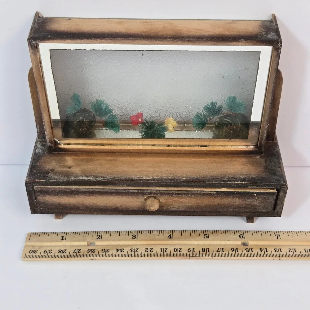 Vintage Wooden Jewelry Box Diorama Mirror Miniature Pine Tree Trinket Drawer 7in
