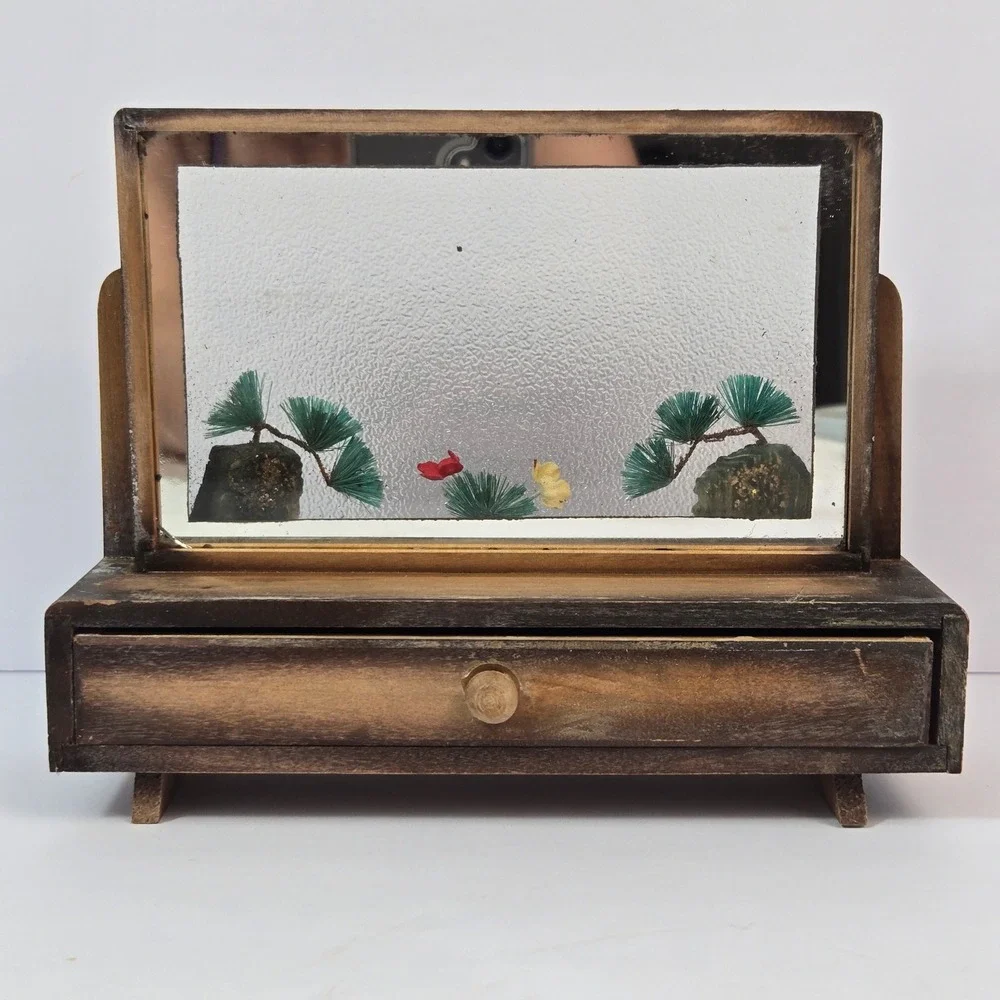 Vintage Wooden Jewelry Box Diorama Mirror Miniature Pine Tree Trinket Drawer 7in