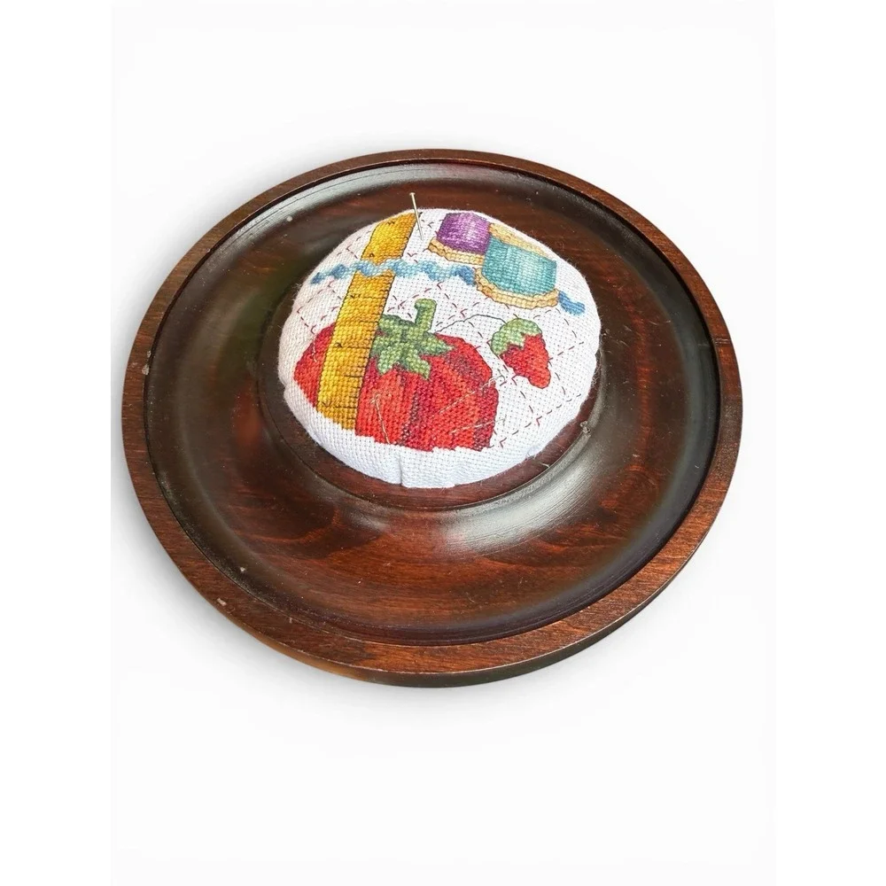 Vintage SUDBERRY House Mahogany Cross Stitched Pincushion Tray
