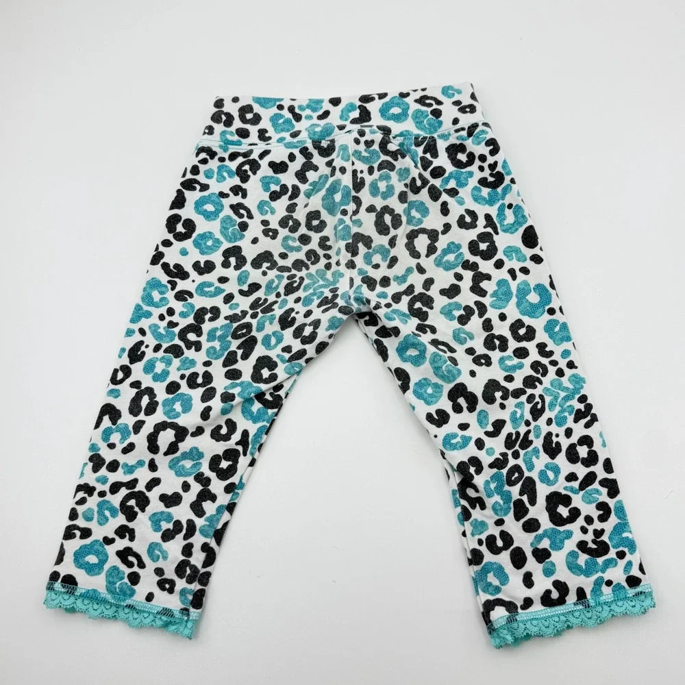 Justice Girls Y2K Leopard Print Cropped Leggings Teal & Black Lace Trim Size 6