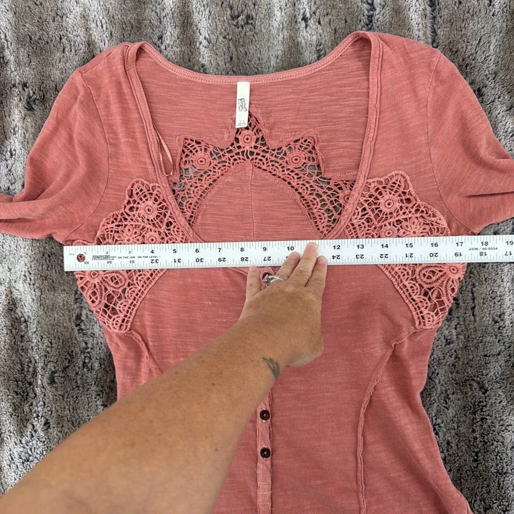 Free People Henley Top Keepsake Crochet Slub Terracotta Pink Small Boho Women's