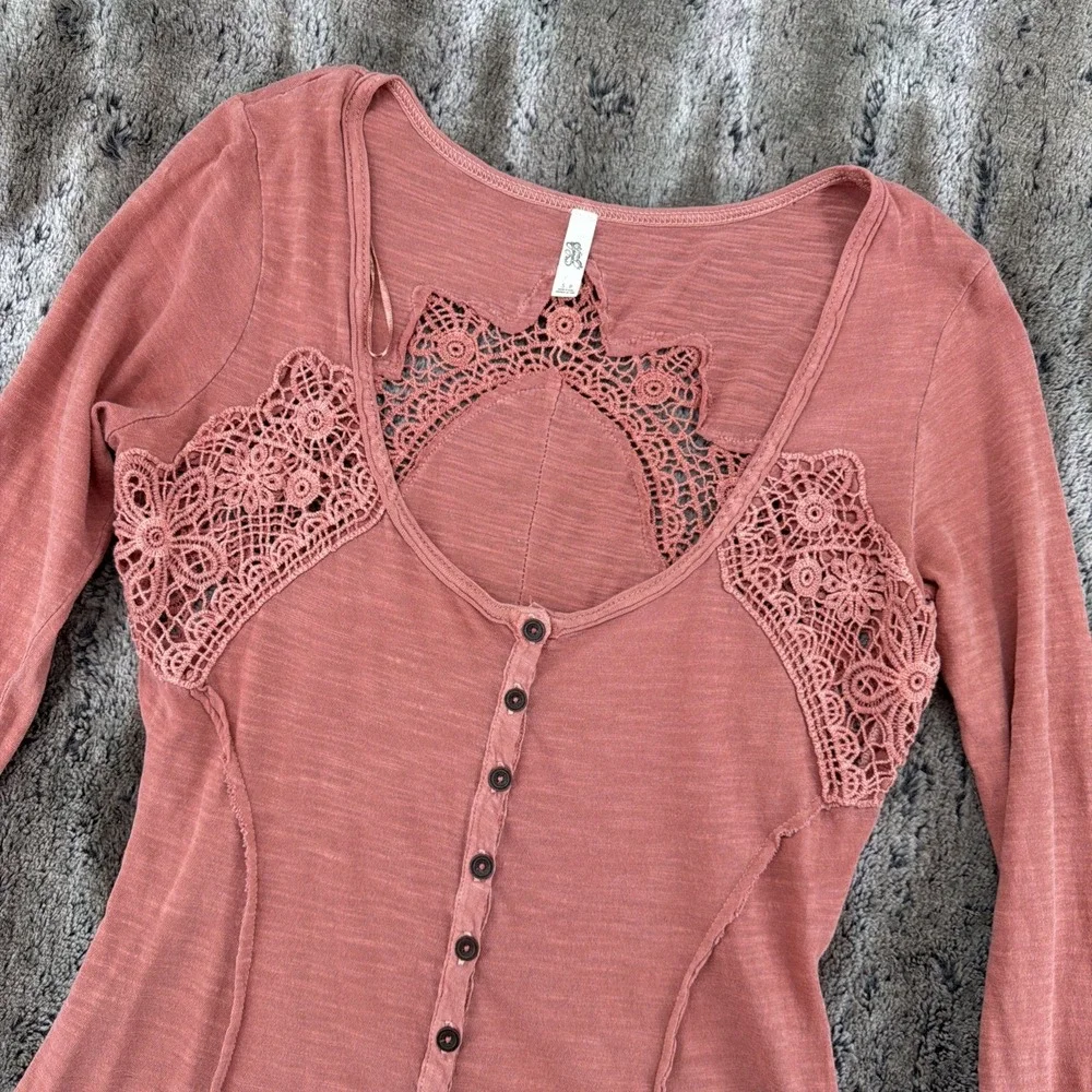 Free People Henley Top Keepsake Crochet Slub Terracotta Pink Small Boho Women's