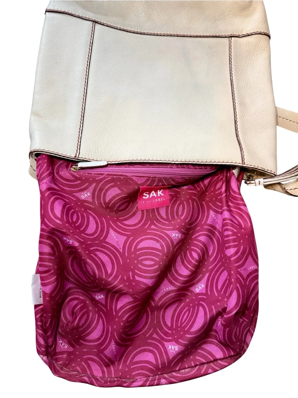 Vintage PINK LABEL The Sak Leather Hobo Shoulder Bag Cream Slouchy Boho Y2K