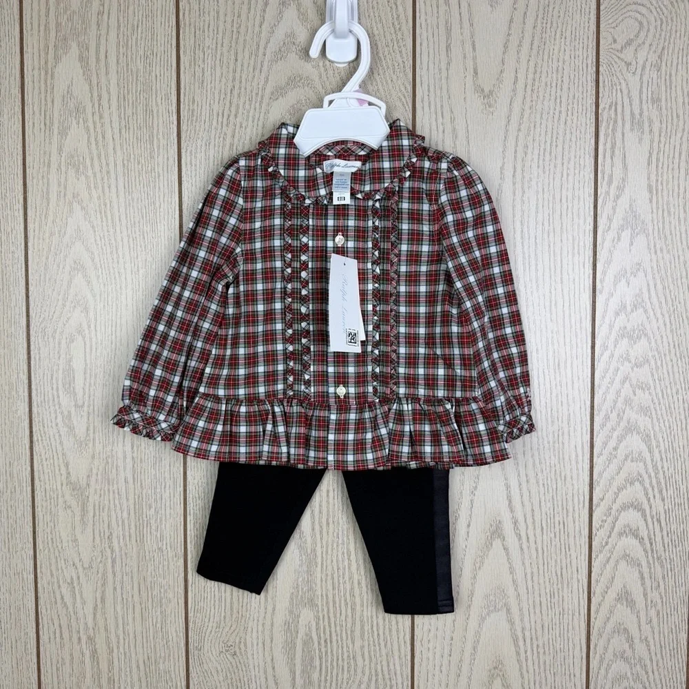 Polo Ralph Lauren Baby Girls Plaid Poplin Shirt & Jersey Legging Set 9M Red $75