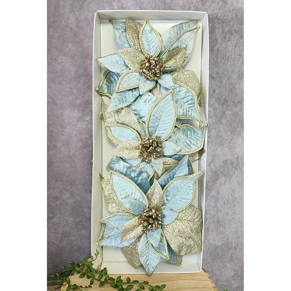 Blue Silver Glitter Flower Ornaments Clip On Tree Decor‎ 7