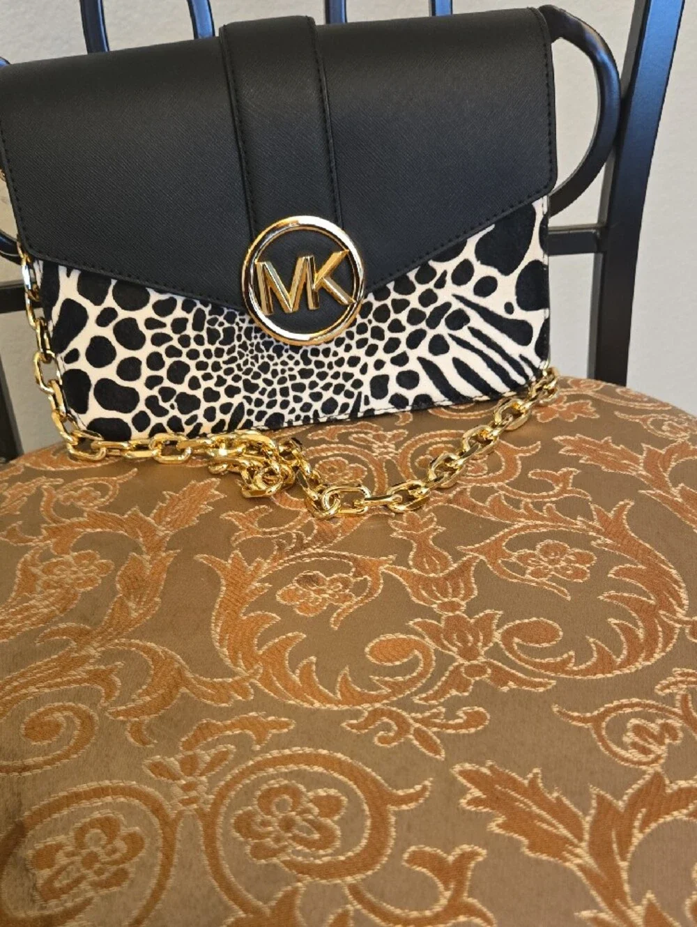 Michael Kors Black and White Animal Print Crossbody with Gold MK Emblem