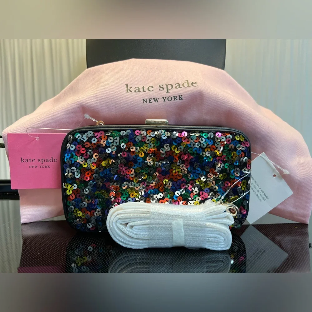 New Kate Spade Tonight Sequins Embellished Leather Crossbody Clutch