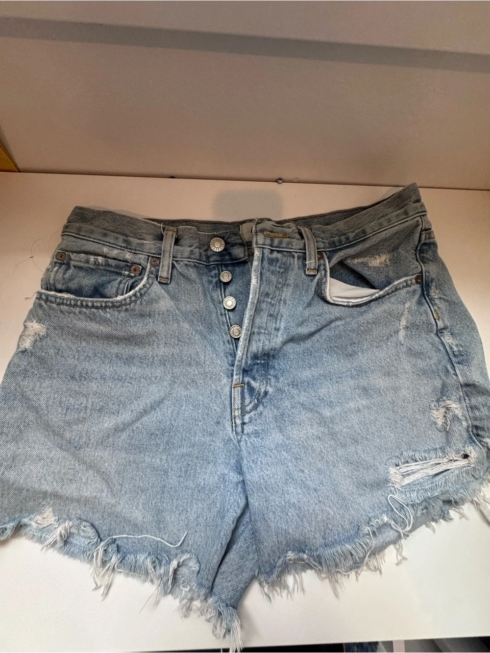 Agolde Light Blue Distressed High-Rise Denim Shorts- Parker Long