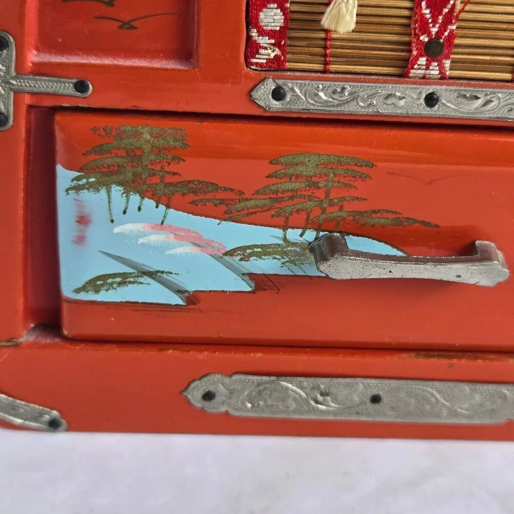 Vintage Japanese Hand Painted Jewelry Box Hinged Lid Side Drawer Wooden