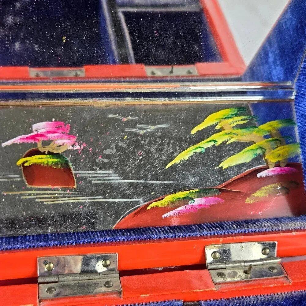 Vintage Japanese Hand Painted Jewelry Box Hinged Lid Side Drawer Wooden