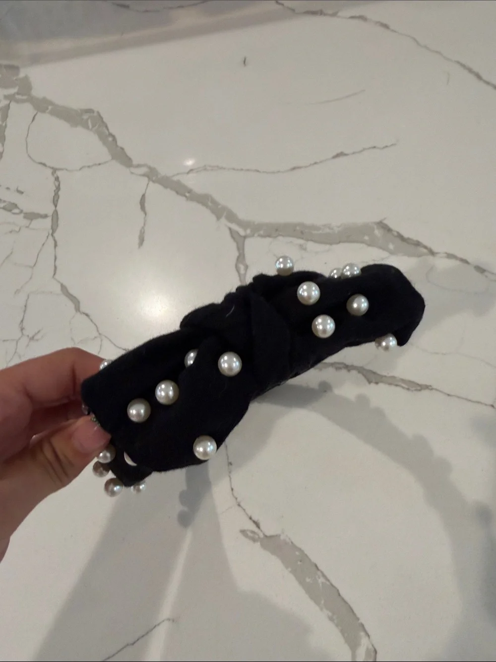 Faux Pearl Black Velvet Knotted Headband.
