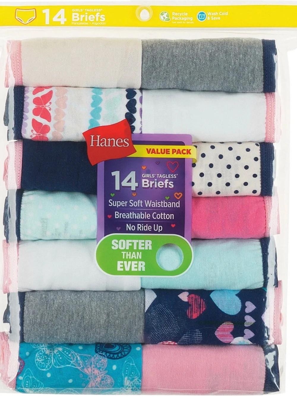 Hanes Girls Hipster Underwear Pack, 14-Pack, Cotton Hipster Panties for Girls