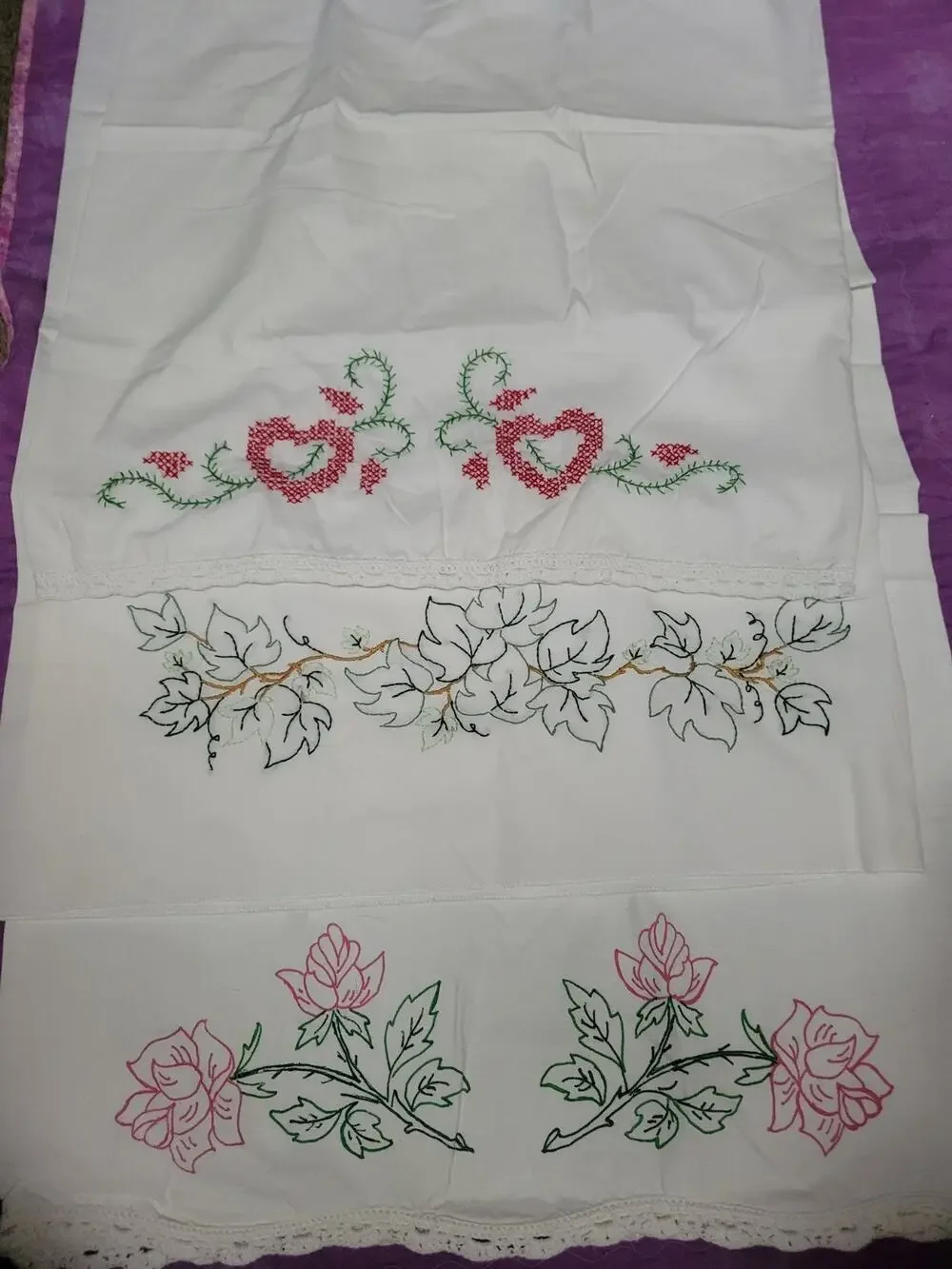 Vintage Hand Embroidered Hand Crocheted Pillow Cases Lot Of 3