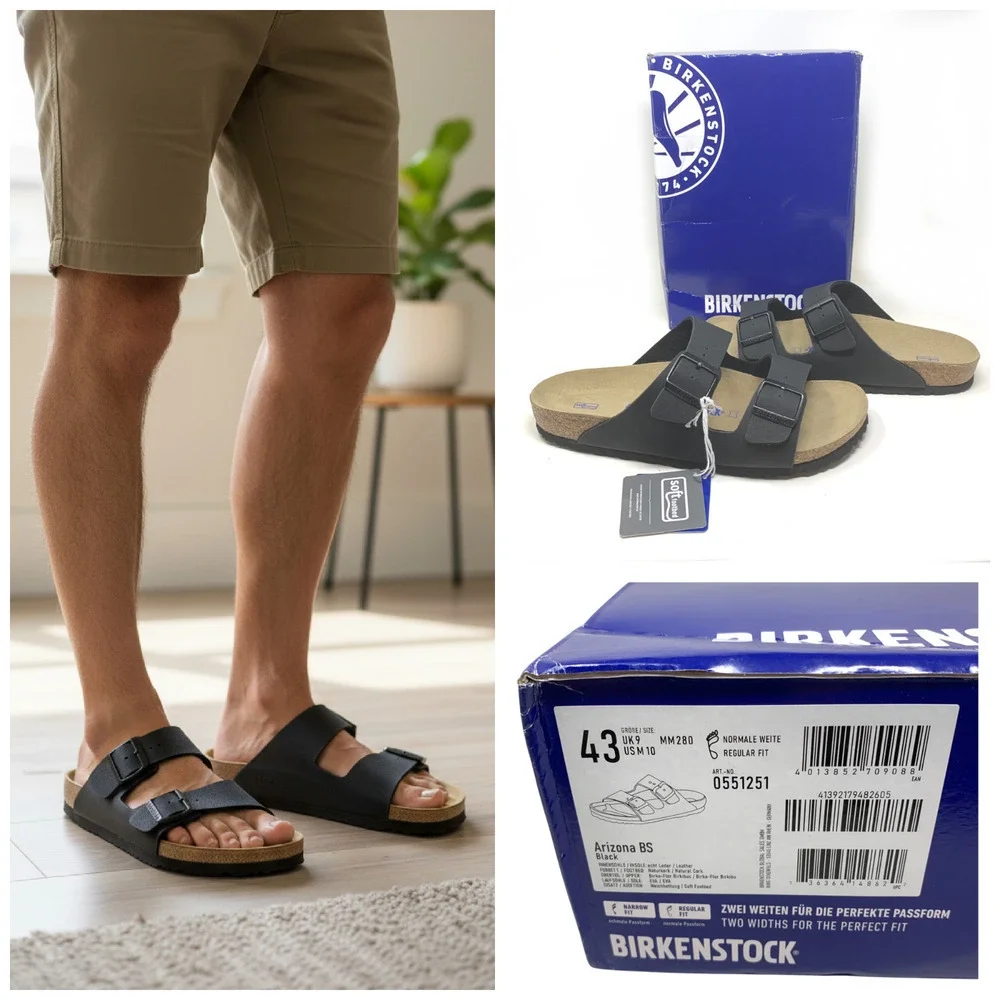 NEW Birkenstock Arizona Black Leather Soft Footbed Sandals Sz EU 43 US 10 NWB