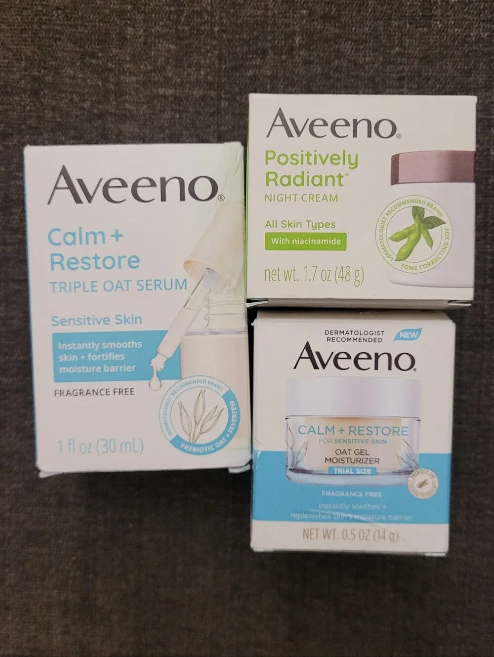 Aveeno Calm + Restore Oat and Positively Radiant Moisturizer &Serum, set of 3
