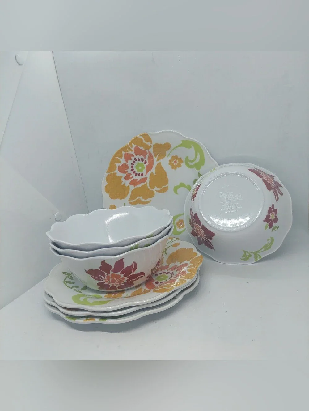 Better Homes Gardens Floral Citrus Plastic Dinnerware Salad Plates Bowls Lot 8