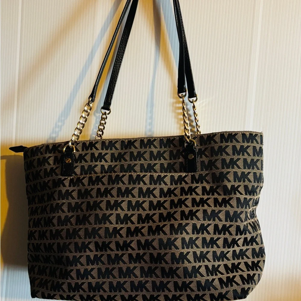Michael Kors Black & Beige MK Logo Chain-Accent Tote