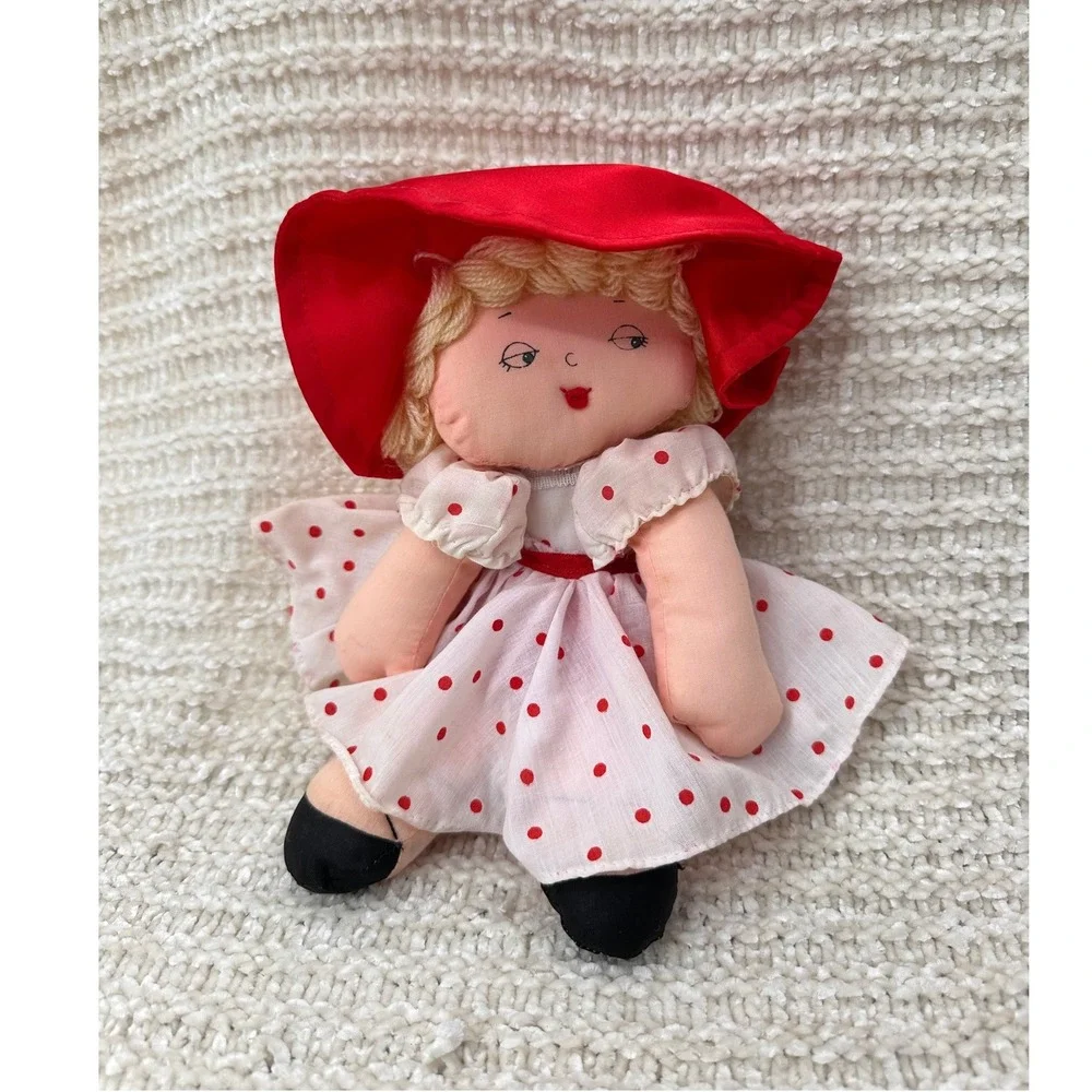 Russ Berrie Miss Kitty Rag Doll Vintage Plush Toy Red Polka Dot Dress 10 Inch‎