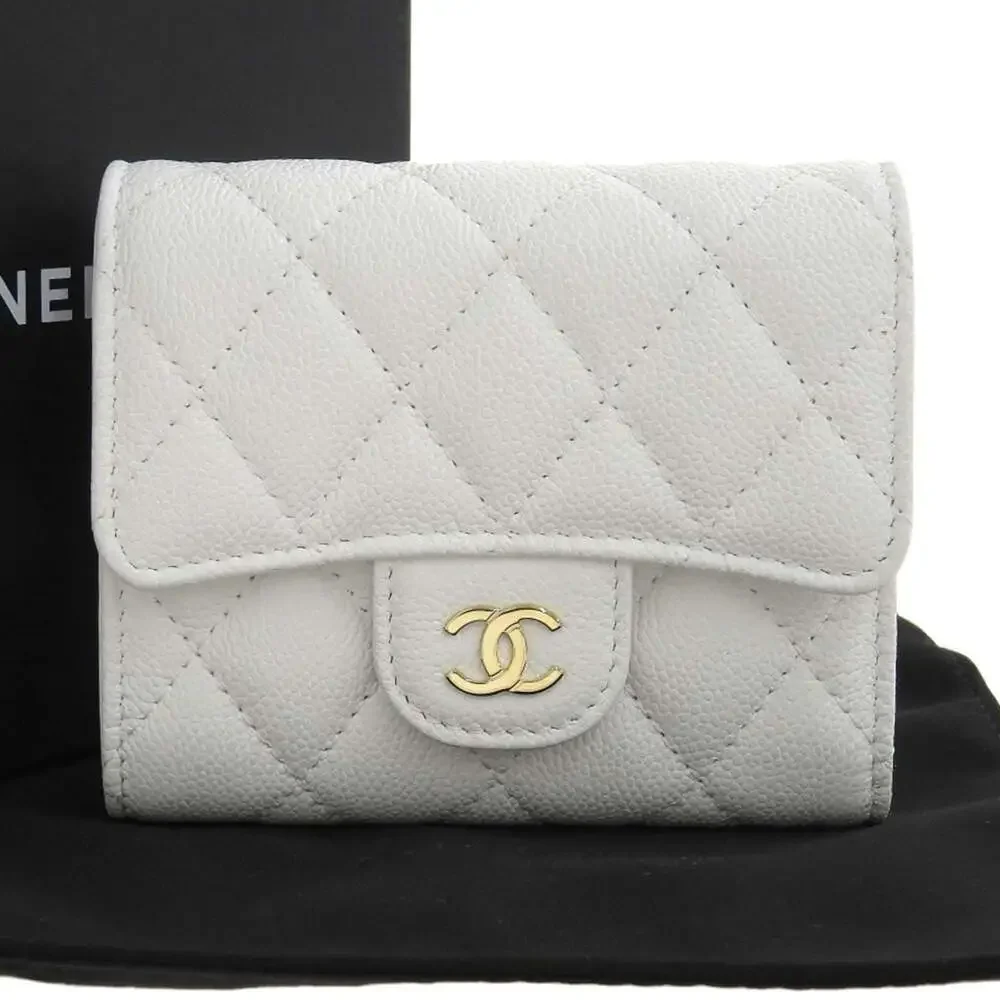 CHANEL White Caviar Leather Logo Wallet