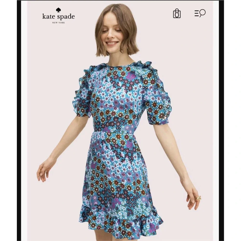 NEVER WORN Kate Spade Pacific Petals Floral Dress SZ 0 Jacquard Silk Blue Ruffle
