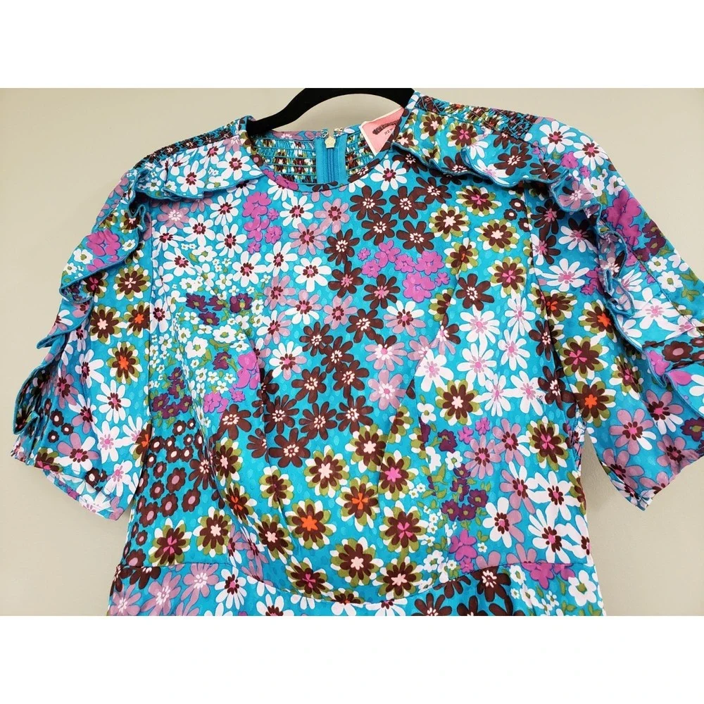 NEVER WORN Kate Spade Pacific Petals Floral Dress SZ 0 Jacquard Silk Blue Ruffle