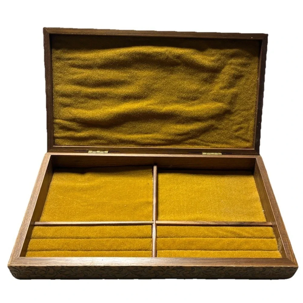 Jewelry Box Geometric Wood Carved‎ Side Velvet Mustard Lining Vintage MCM *flaws