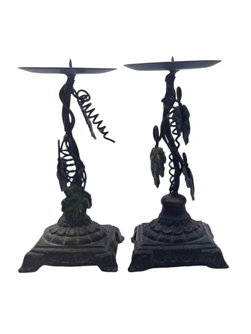 Vintage Cast Iron Metal Grape Vine Pillar Candle Holders Set Of 2 Rustic Decor