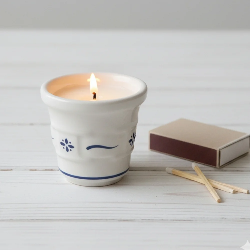 Longaberger Pottery Votive Candle Holder Blue Floral Farmhouse Decor