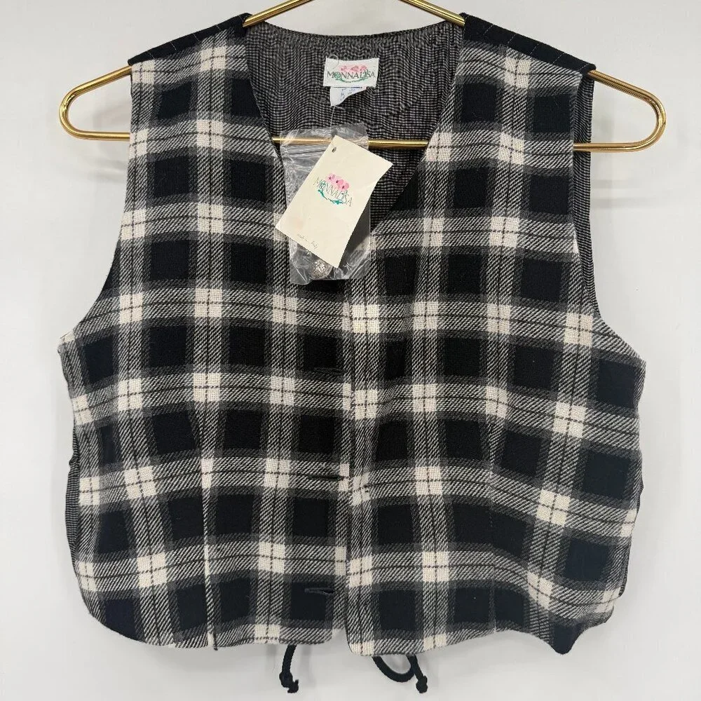 Monnalisa Designer Black & White Plaid Wool Vest Girls Size 12 Preppy Chic NWT
