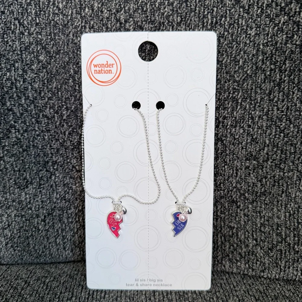 wonder nation Pink and Blue Heart Tear‑Away Big sis and little sis Necklace Set