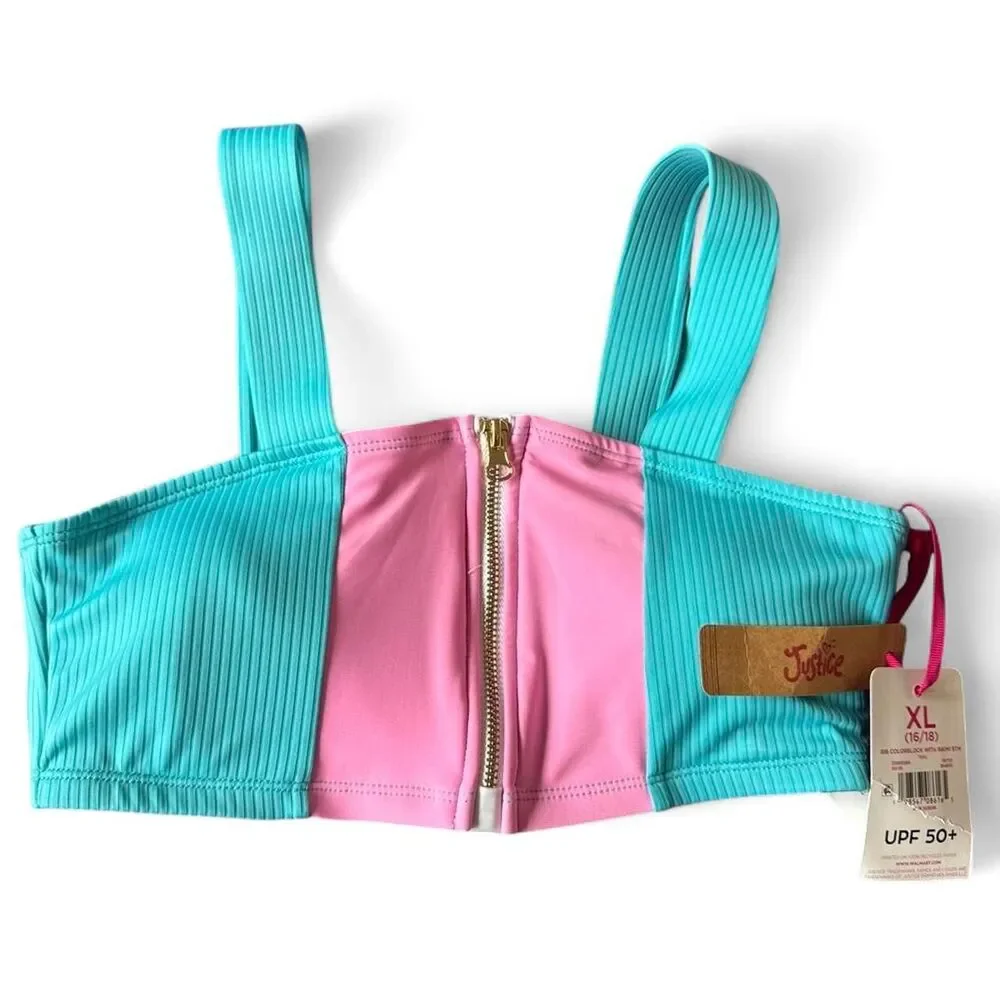 Justice pink and teal color-blocked zip-up bathing suit for kids in XL
