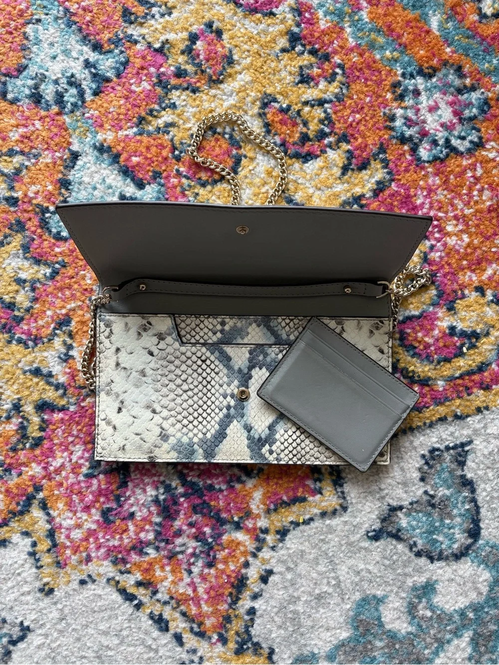 kate spade Snake-Print Chain Clutch in Cream and Blue