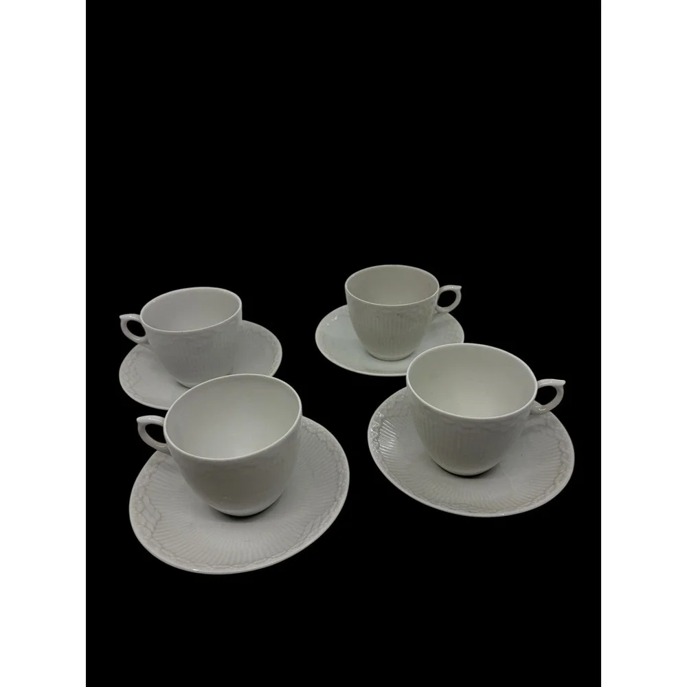 Royal Copenhagen White Half Lace Tea Cups and Saucers Set of 4 Porcelain Denmark