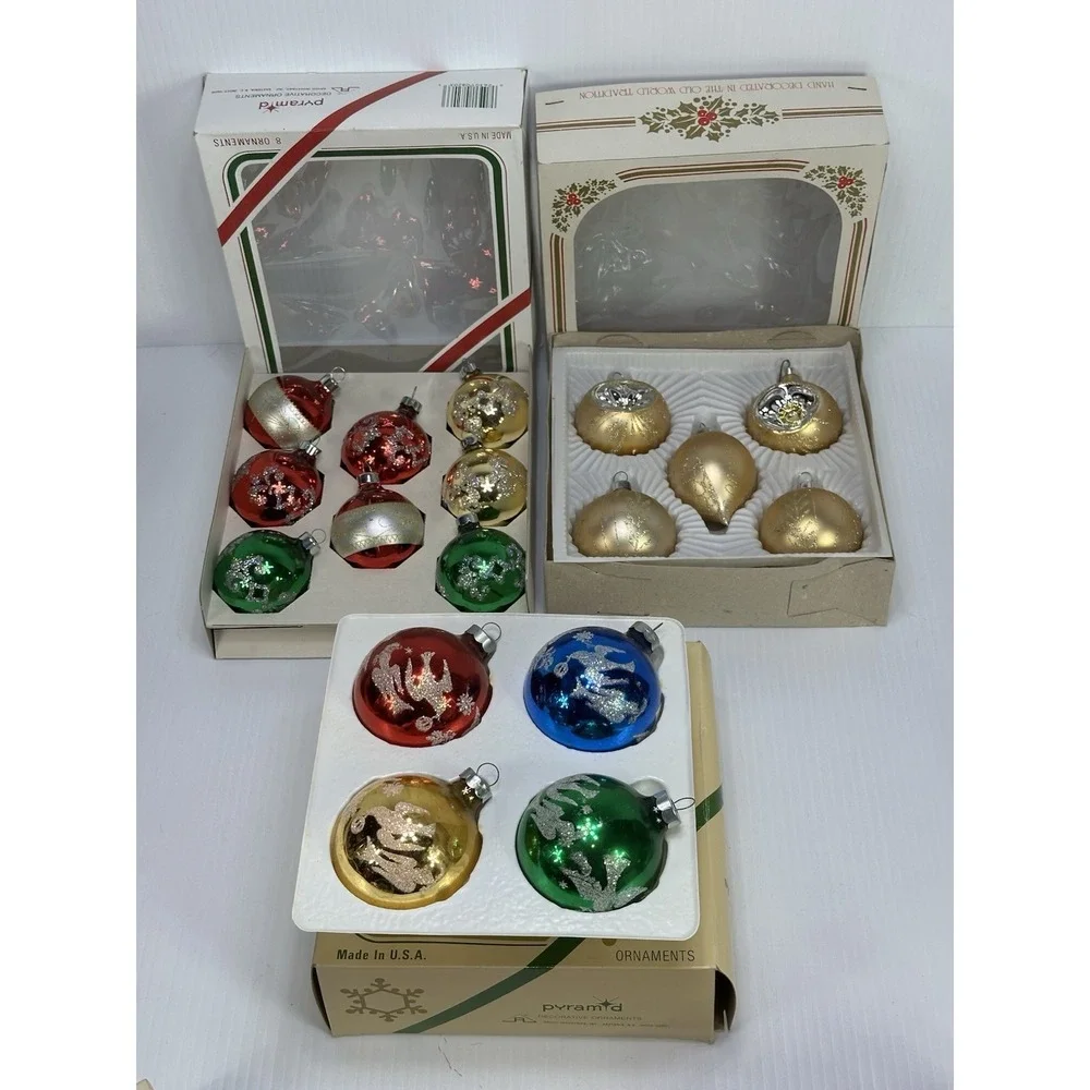 Vintage Lot 17 Pyramid Glass Christmas Ornaments Balls Hand Decorated Glitter