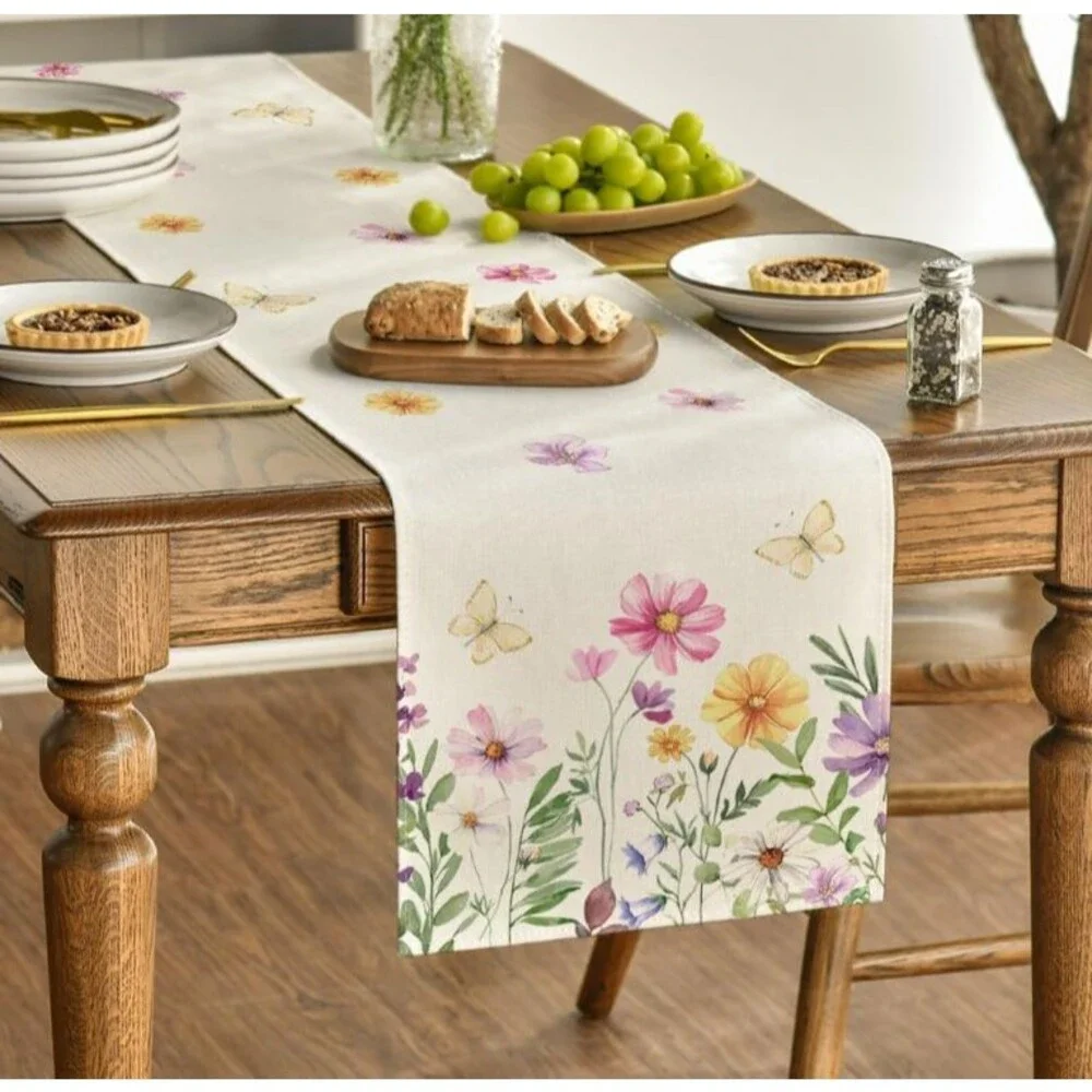 Spring Table Runner 13x72in Woven Polyester Floral Butterflies NEW