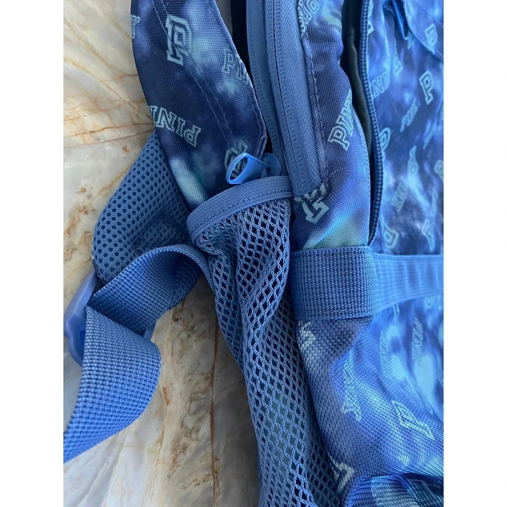 Victoria's Secret PINK Blue Tie Dye Logo Backpack Padded Straps Mesh Pockets