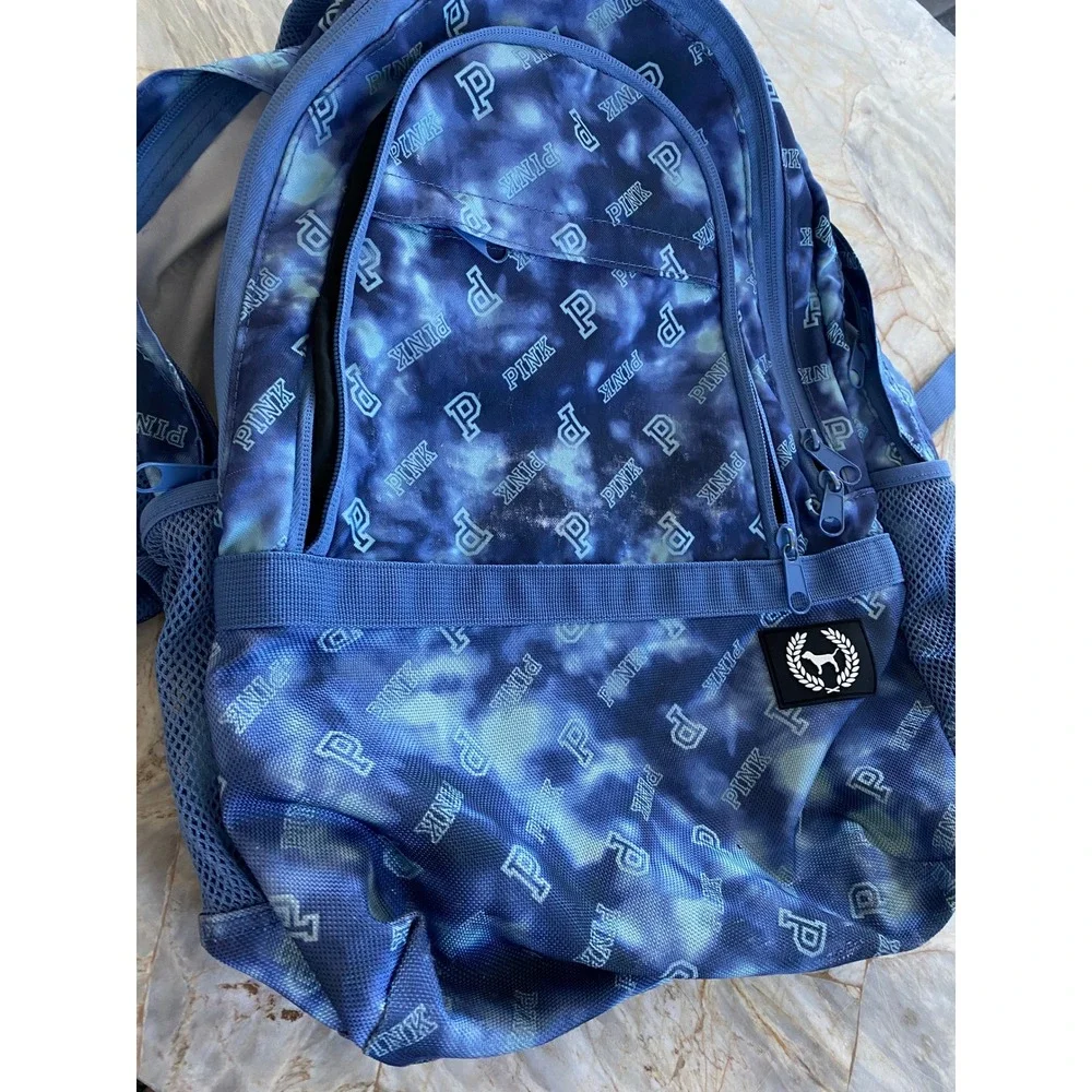 Victoria's Secret PINK Blue Tie Dye Logo Backpack Padded Straps Mesh Pockets
