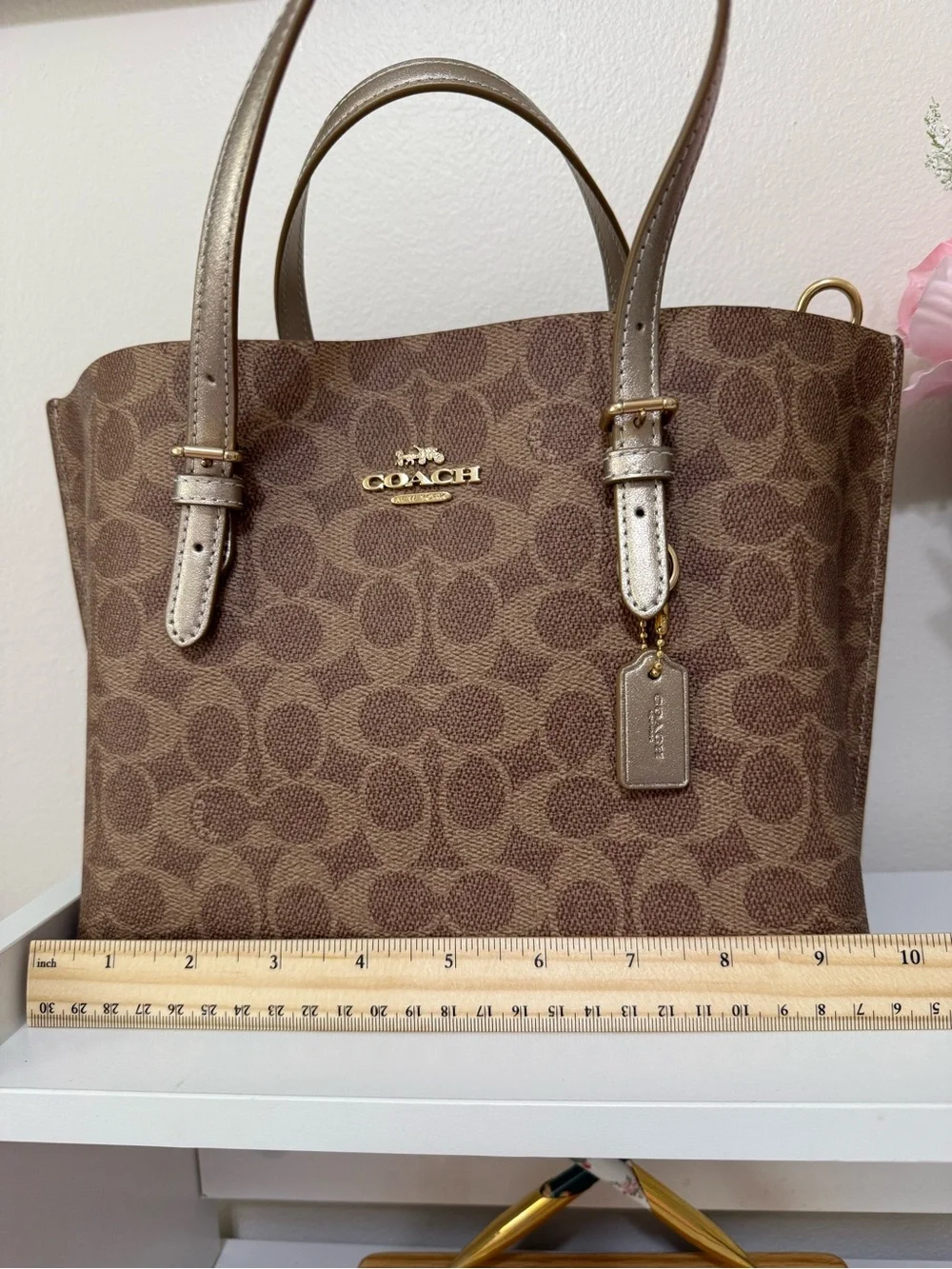 Coach Brown Signature Satchel With Lt Champagne Straps  and Bottom