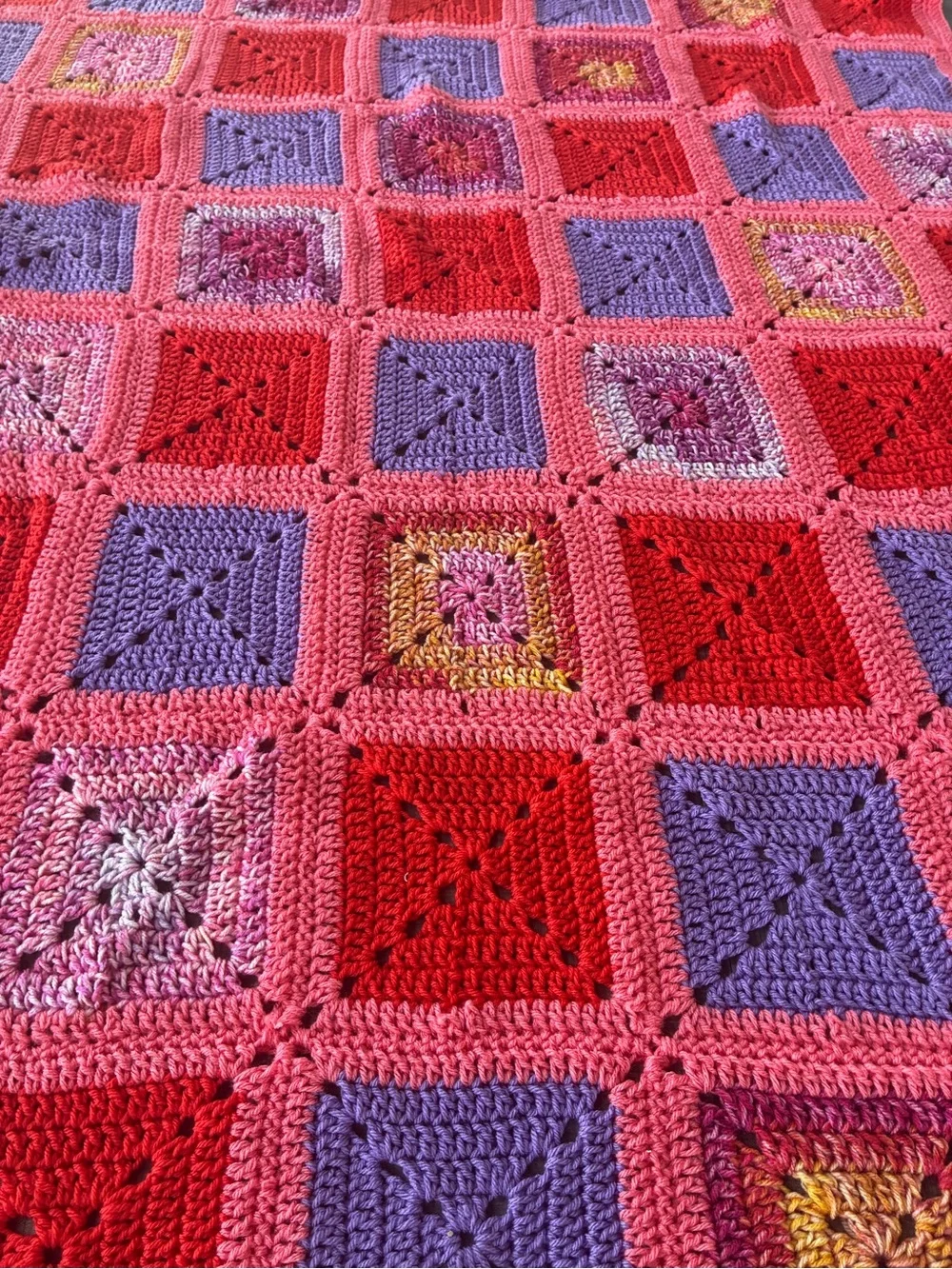 Handmade Crochet Granny Square Blanket - Pink & Purple