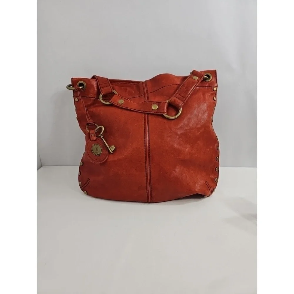 Fossil Long Live Vintage Hobo Burnt Orange Leather Brass Studded